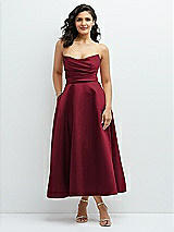 Front View Thumbnail - Burgundy Draped Bodice Strapless Satin Midi Dress with Full Circle Skirt