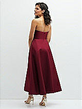 Rear View Thumbnail - Burgundy Draped Bodice Strapless Satin Midi Dress with Full Circle Skirt