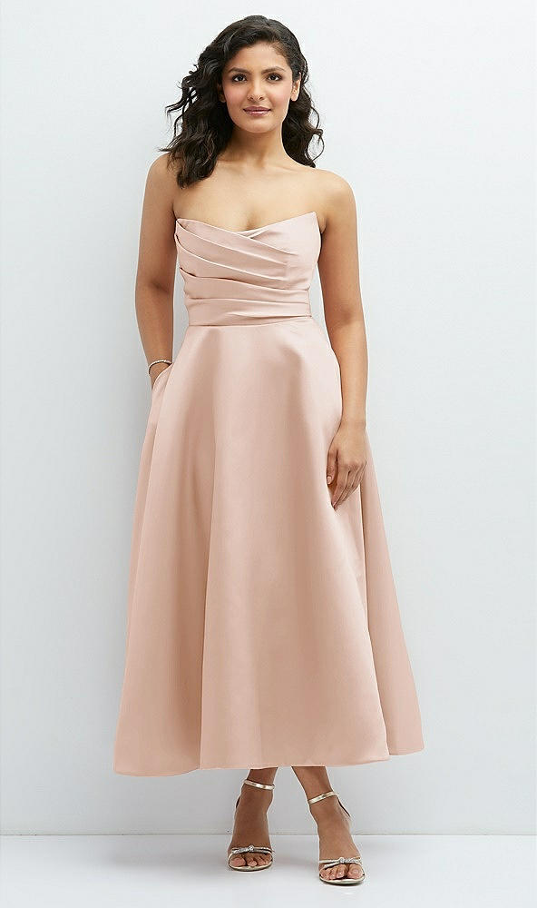 Front View - Cameo Draped Bodice Strapless Satin Midi Dress with Full Circle Skirt
