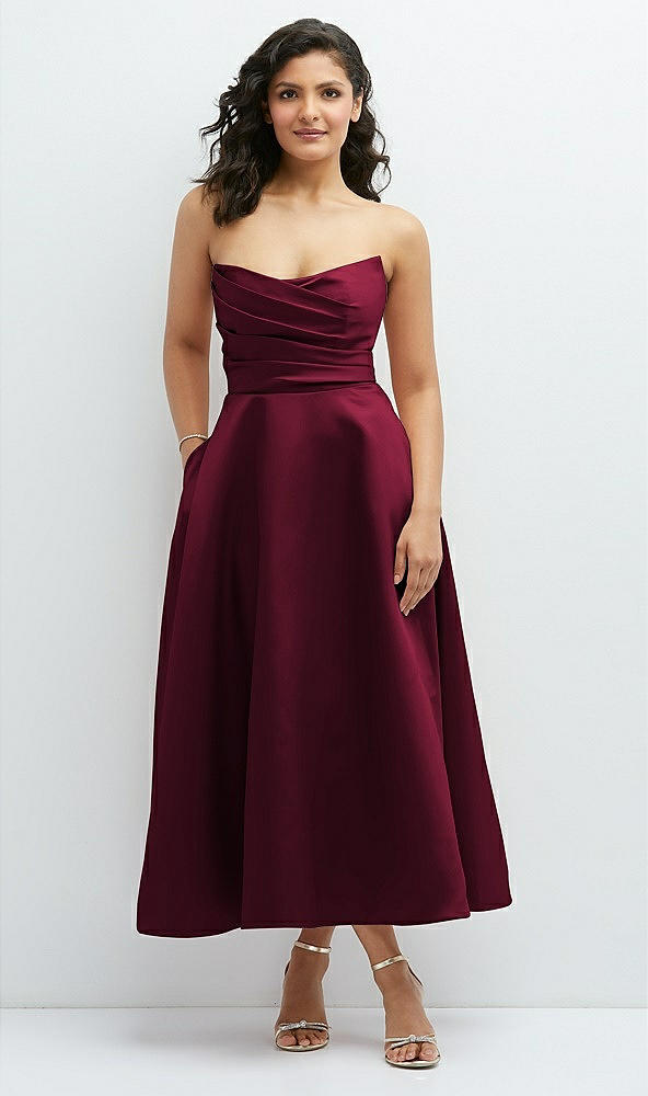 Front View - Cabernet Draped Bodice Strapless Satin Midi Dress with Full Circle Skirt