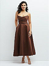 Front View Thumbnail - Cognac Draped Bodice Strapless Satin Midi Dress with Full Circle Skirt