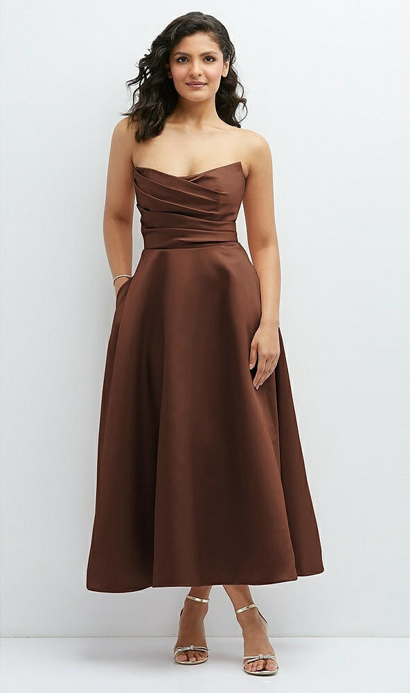 Front View - Cognac Draped Bodice Strapless Satin Midi Dress with Full Circle Skirt
