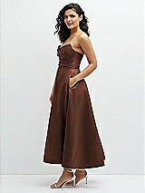 Side View Thumbnail - Cognac Draped Bodice Strapless Satin Midi Dress with Full Circle Skirt