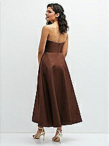 Rear View Thumbnail - Cognac Draped Bodice Strapless Satin Midi Dress with Full Circle Skirt