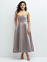 Front View Thumbnail - Cashmere Gray Draped Bodice Strapless Satin Midi Dress with Full Circle Skirt
