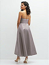 Rear View Thumbnail - Cashmere Gray Draped Bodice Strapless Satin Midi Dress with Full Circle Skirt