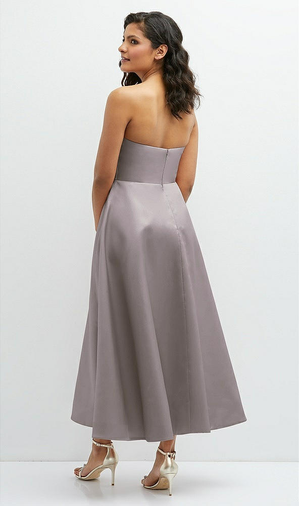 Back View - Cashmere Gray Draped Bodice Strapless Satin Midi Dress with Full Circle Skirt
