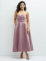 Front View Thumbnail - Dusty Rose Draped Bodice Strapless Satin Midi Dress with Full Circle Skirt