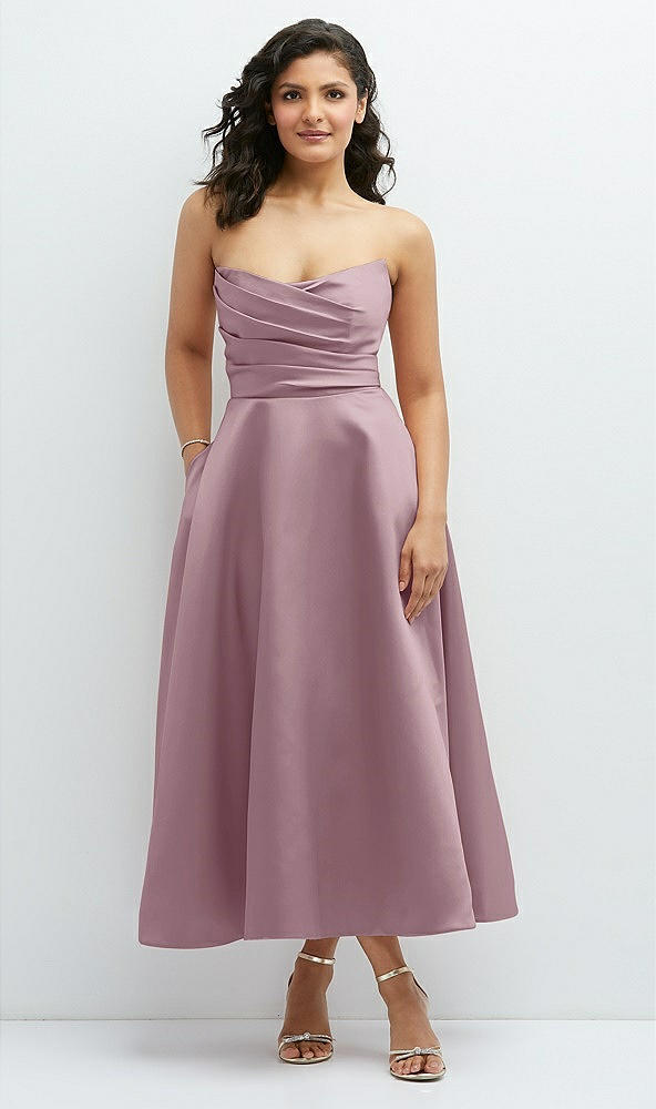 Front View - Dusty Rose Draped Bodice Strapless Satin Midi Dress with Full Circle Skirt
