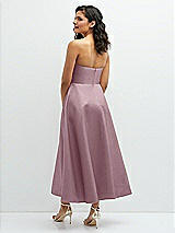 Rear View Thumbnail - Dusty Rose Draped Bodice Strapless Satin Midi Dress with Full Circle Skirt