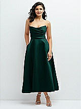 Front View Thumbnail - Evergreen Draped Bodice Strapless Satin Midi Dress with Full Circle Skirt