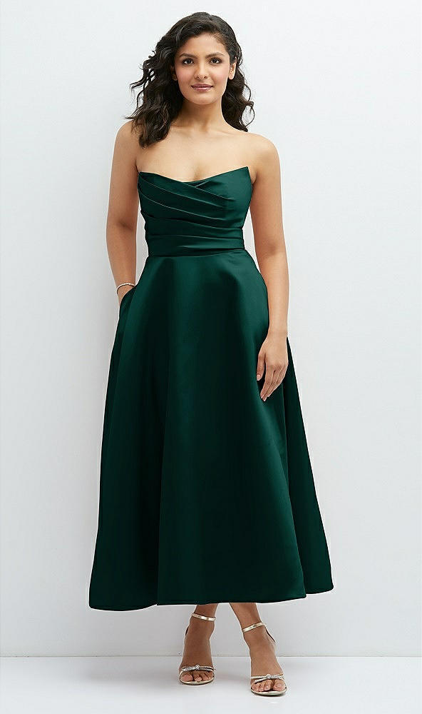 Front View - Evergreen Draped Bodice Strapless Satin Midi Dress with Full Circle Skirt