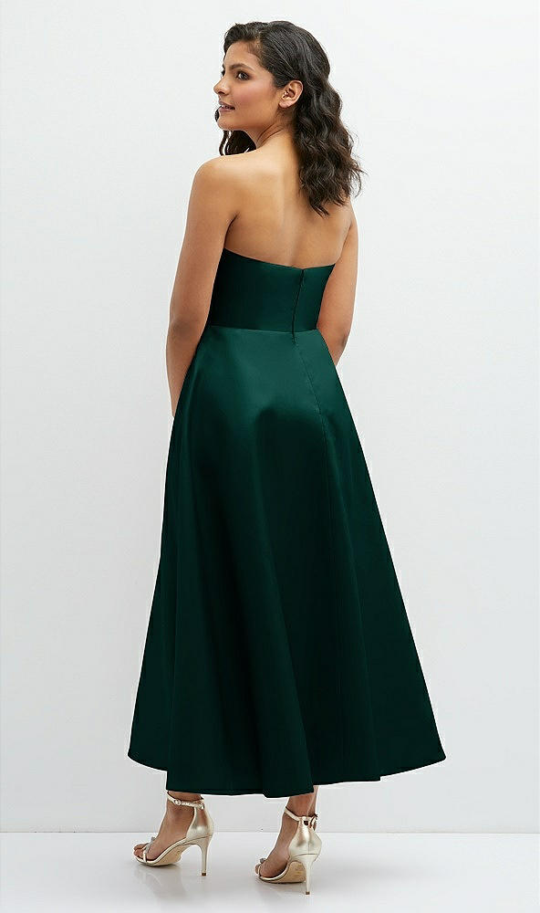 Back View - Evergreen Draped Bodice Strapless Satin Midi Dress with Full Circle Skirt