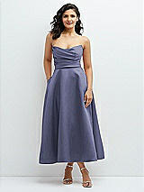Front View Thumbnail - French Blue Draped Bodice Strapless Satin Midi Dress with Full Circle Skirt