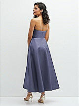 Rear View Thumbnail - French Blue Draped Bodice Strapless Satin Midi Dress with Full Circle Skirt