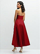 Rear View Thumbnail - Garnet Draped Bodice Strapless Satin Midi Dress with Full Circle Skirt