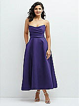 Front View Thumbnail - Grape Draped Bodice Strapless Satin Midi Dress with Full Circle Skirt