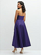 Rear View Thumbnail - Grape Draped Bodice Strapless Satin Midi Dress with Full Circle Skirt
