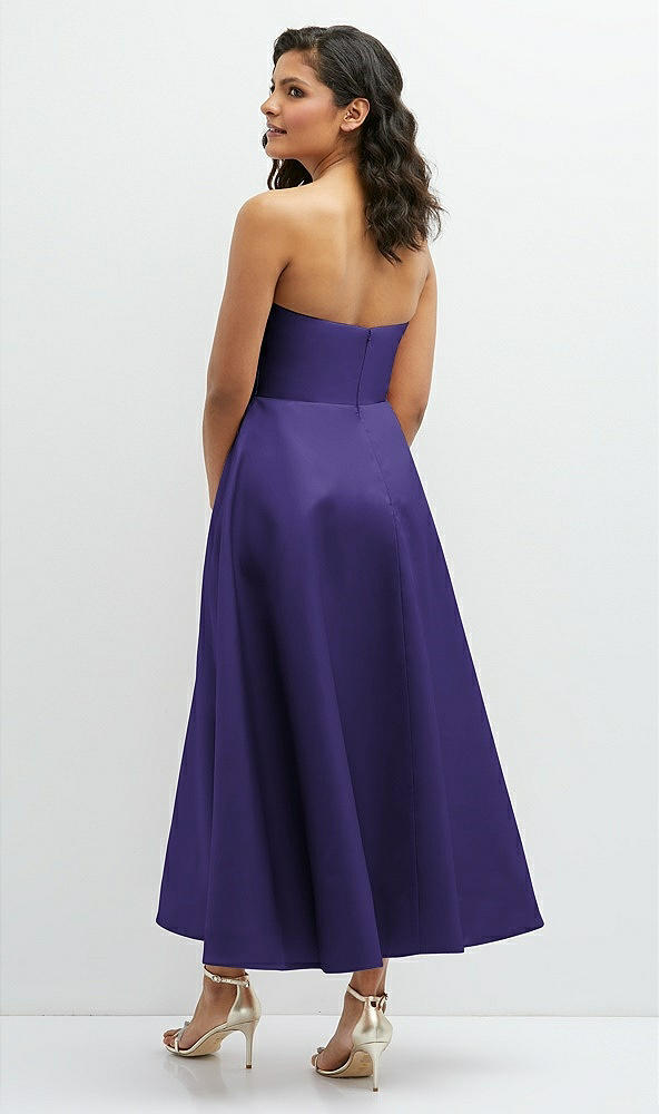 Back View - Grape Draped Bodice Strapless Satin Midi Dress with Full Circle Skirt