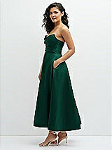 Side View Thumbnail - Hunter Green Draped Bodice Strapless Satin Midi Dress with Full Circle Skirt