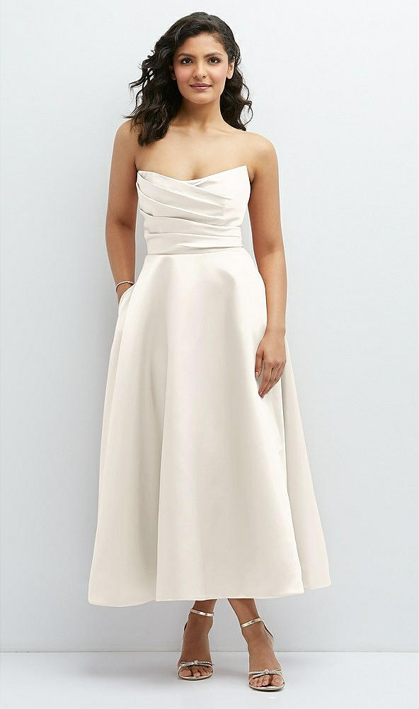 Front View - Ivory Draped Bodice Strapless Satin Midi Dress with Full Circle Skirt