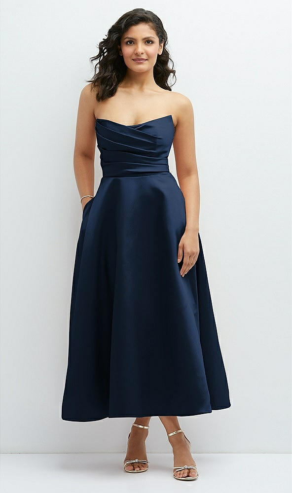 Front View - Midnight Navy Draped Bodice Strapless Satin Midi Dress with Full Circle Skirt