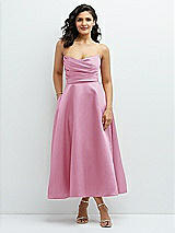 Front View Thumbnail - Powder Pink Draped Bodice Strapless Satin Midi Dress with Full Circle Skirt
