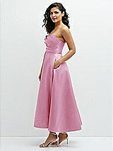 Side View Thumbnail - Powder Pink Draped Bodice Strapless Satin Midi Dress with Full Circle Skirt