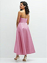 Rear View Thumbnail - Powder Pink Draped Bodice Strapless Satin Midi Dress with Full Circle Skirt