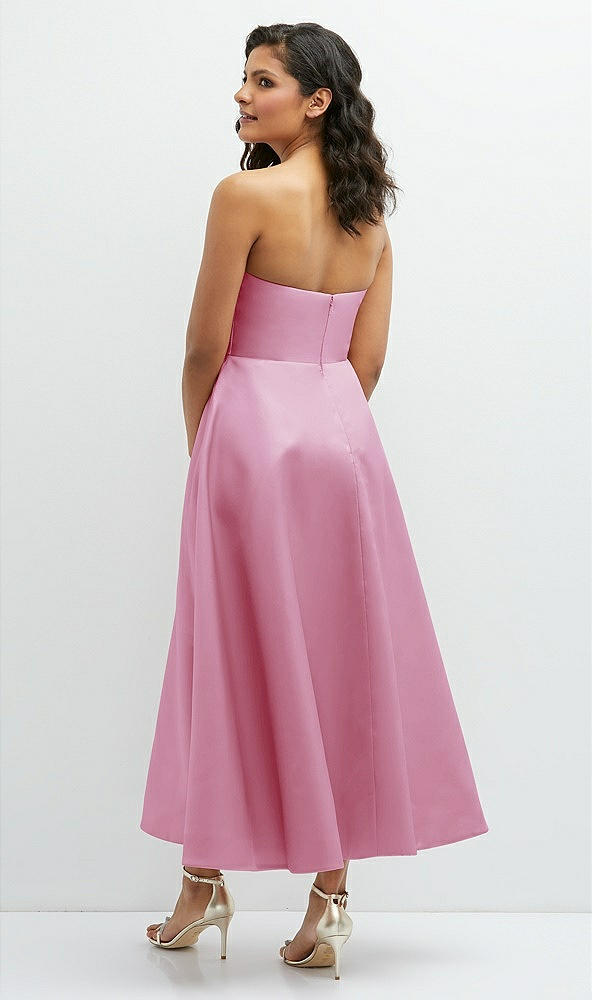 Back View - Powder Pink Draped Bodice Strapless Satin Midi Dress with Full Circle Skirt