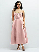 Front View Thumbnail - Rose - PANTONE Rose Quartz Draped Bodice Strapless Satin Midi Dress with Full Circle Skirt