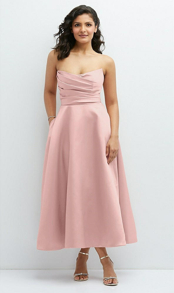 Front View - Rose - PANTONE Rose Quartz Draped Bodice Strapless Satin Midi Dress with Full Circle Skirt
