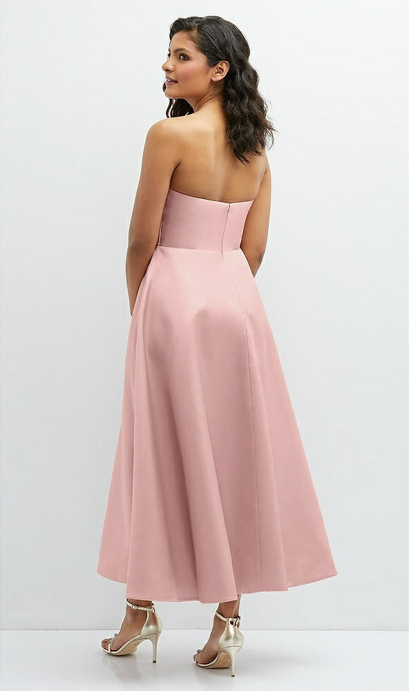 Back View - Rose - PANTONE Rose Quartz Draped Bodice Strapless Satin Midi Dress with Full Circle Skirt