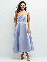 Front View Thumbnail - Sky Blue Draped Bodice Strapless Satin Midi Dress with Full Circle Skirt