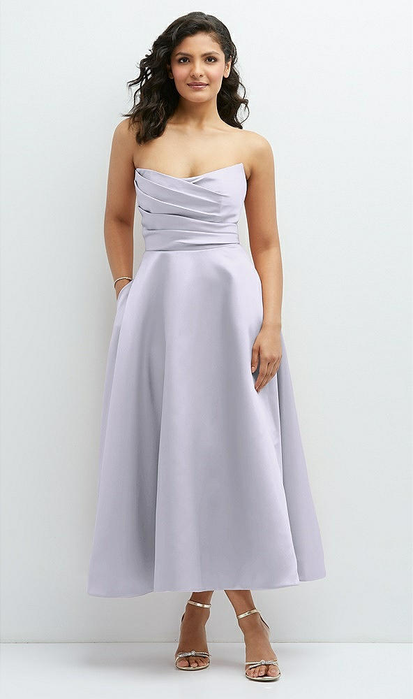 Front View - Silver Dove Draped Bodice Strapless Satin Midi Dress with Full Circle Skirt