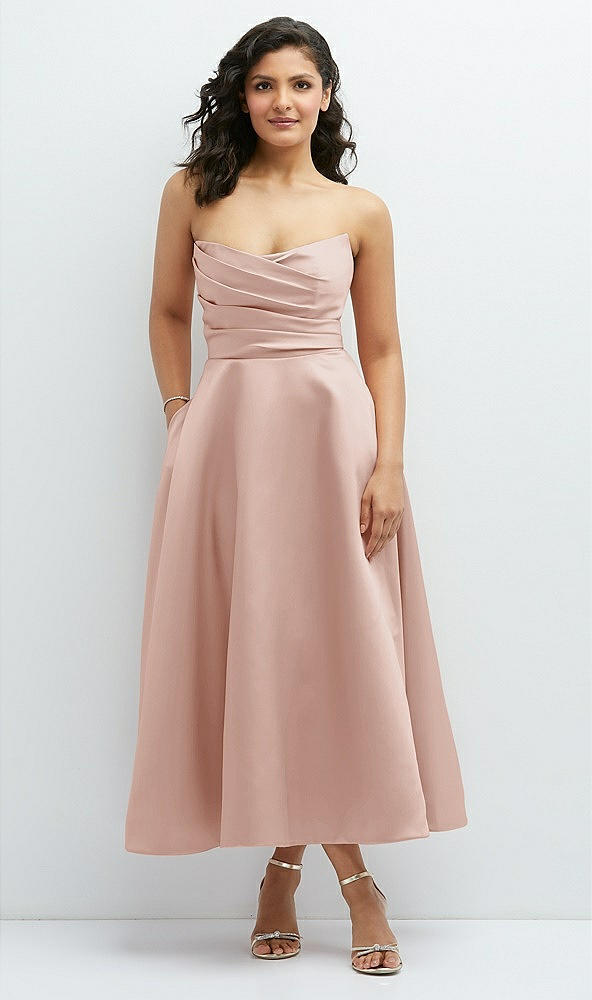 Front View - Toasted Sugar Draped Bodice Strapless Satin Midi Dress with Full Circle Skirt