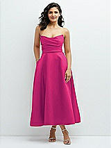 Front View Thumbnail - Think Pink Draped Bodice Strapless Satin Midi Dress with Full Circle Skirt