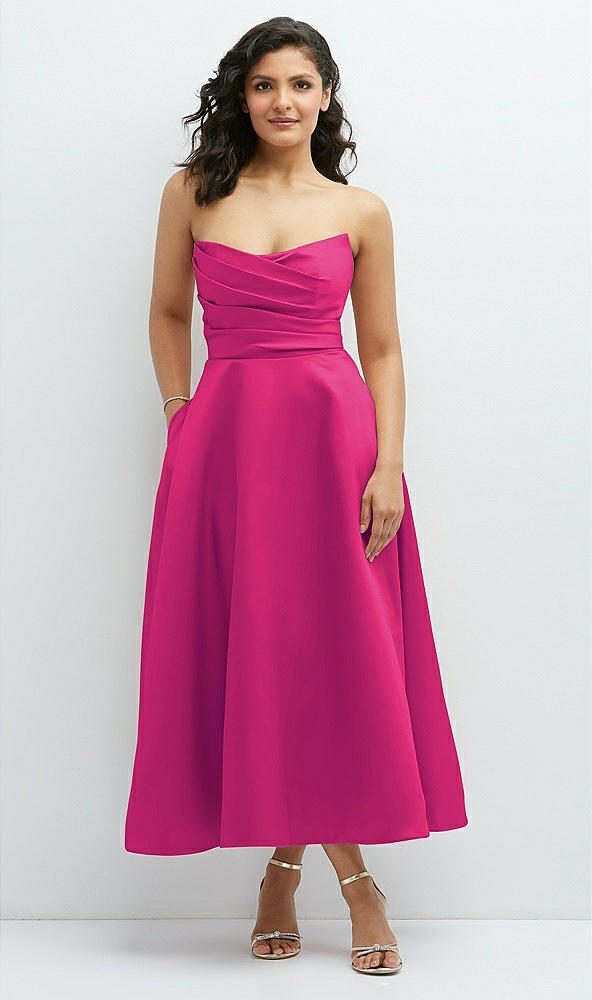 Front View - Think Pink Draped Bodice Strapless Satin Midi Dress with Full Circle Skirt
