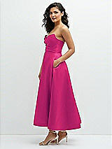 Side View Thumbnail - Think Pink Draped Bodice Strapless Satin Midi Dress with Full Circle Skirt
