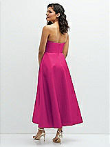 Rear View Thumbnail - Think Pink Draped Bodice Strapless Satin Midi Dress with Full Circle Skirt