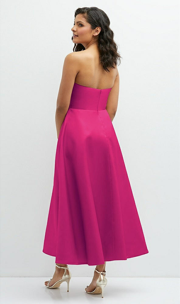 Back View - Think Pink Draped Bodice Strapless Satin Midi Dress with Full Circle Skirt