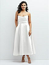 Front View Thumbnail - White Draped Bodice Strapless Satin Midi Dress with Full Circle Skirt