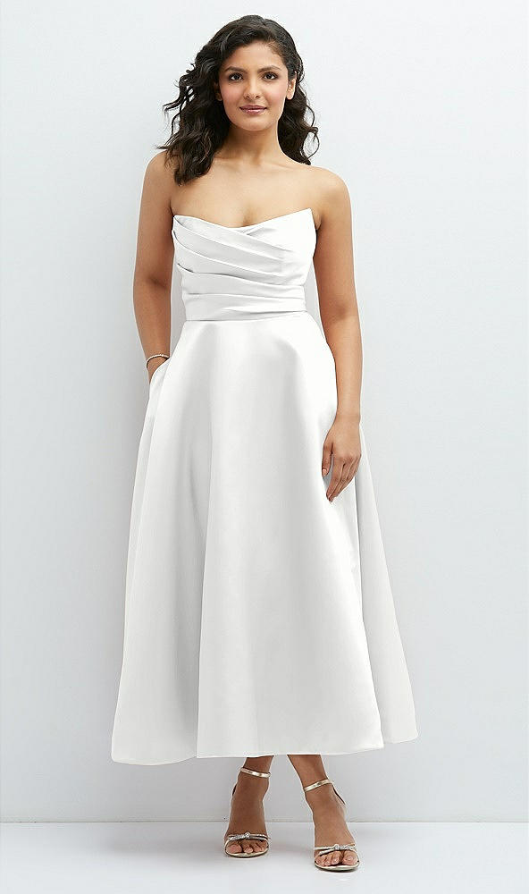 Front View - White Draped Bodice Strapless Satin Midi Dress with Full Circle Skirt