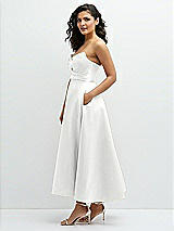 Side View Thumbnail - White Draped Bodice Strapless Satin Midi Dress with Full Circle Skirt