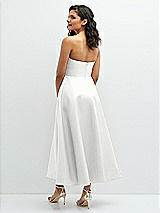 Rear View Thumbnail - White Draped Bodice Strapless Satin Midi Dress with Full Circle Skirt