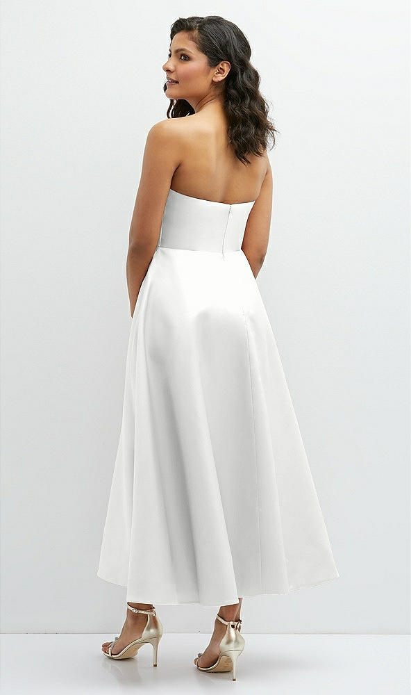 Back View - White Draped Bodice Strapless Satin Midi Dress with Full Circle Skirt
