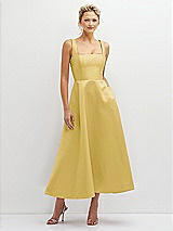 Front View Thumbnail - Maize Square Neck Satin Midi Dress with Full Skirt & Pockets