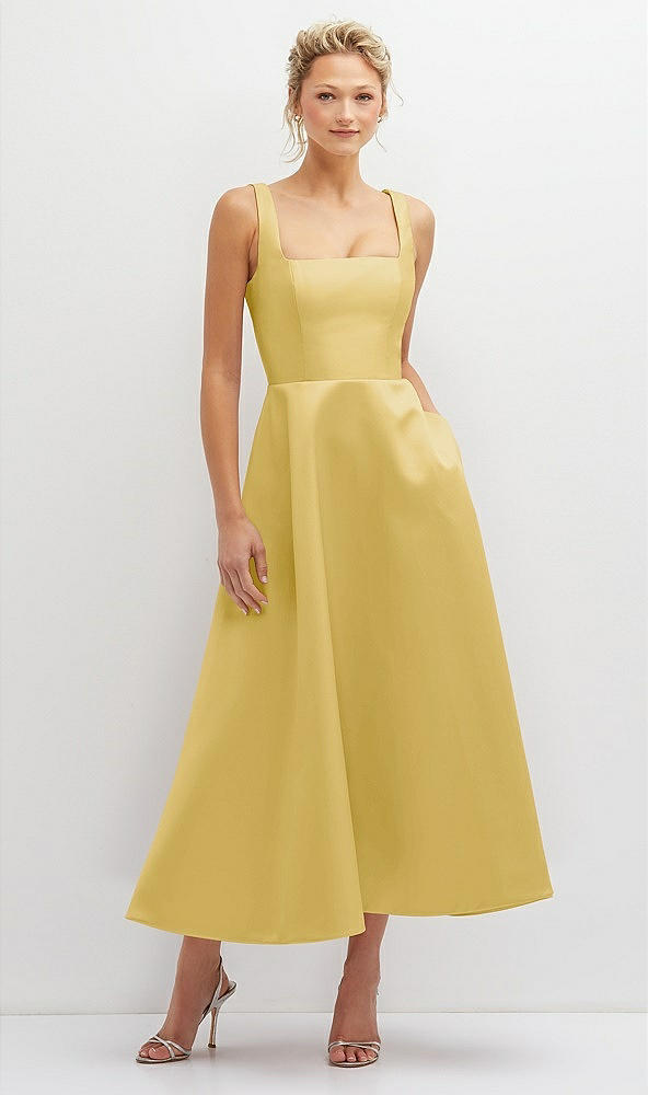 Front View - Maize Square Neck Satin Midi Dress with Full Skirt & Pockets