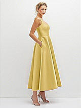 Side View Thumbnail - Maize Square Neck Satin Midi Dress with Full Skirt & Pockets
