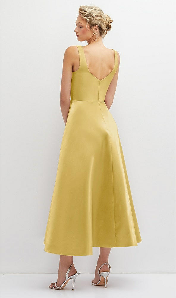 Back View - Maize Square Neck Satin Midi Dress with Full Skirt & Pockets